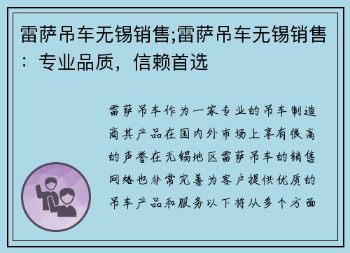 雷萨吊车无锡销售;雷萨吊车无锡销售：专业品质，信赖首选